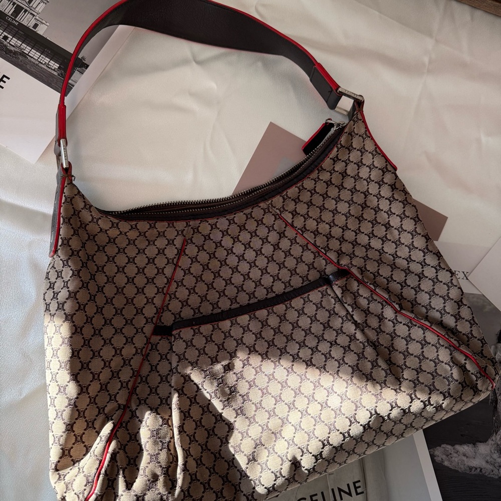 Celine Brown Monogram Shoulder Bag with Red Trim